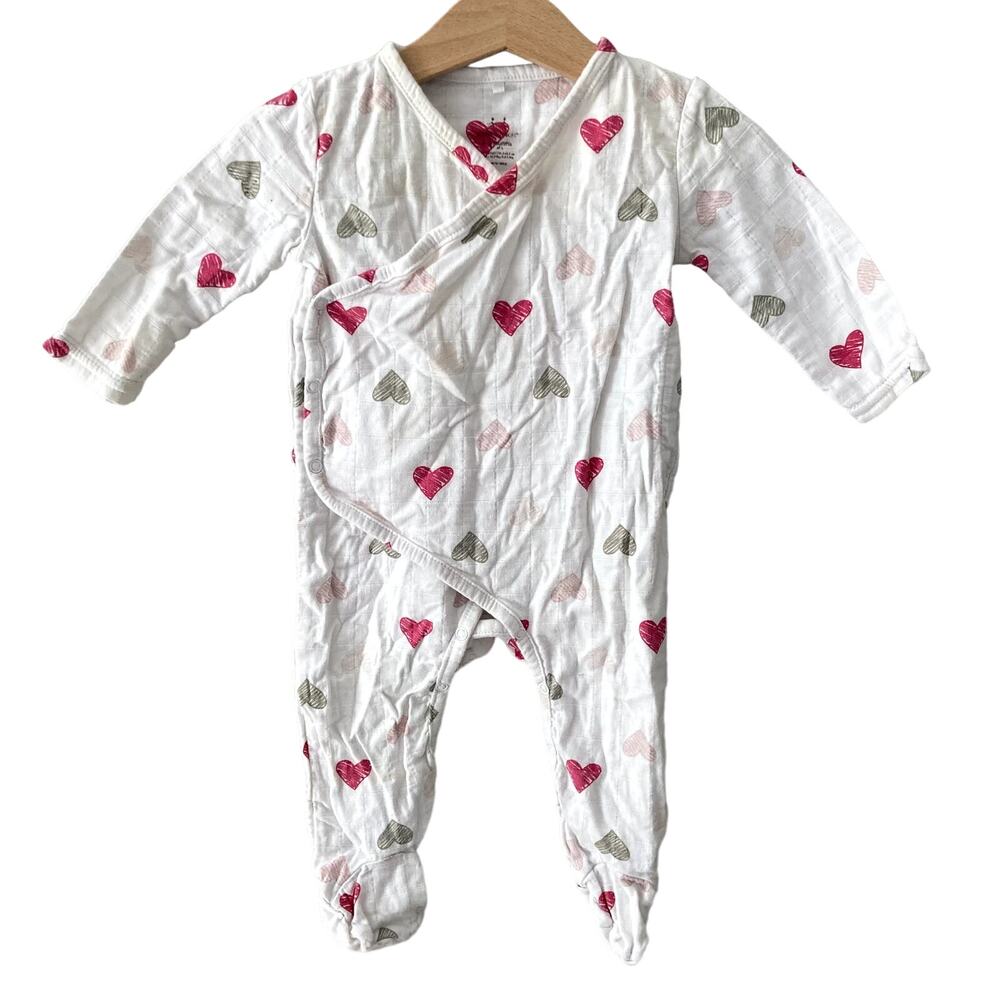 aden & anais Muslin Wrap Footed Romper - Hearts - White Pink Gray - 3-6M